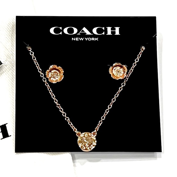 Coach Open Circle Necklace and Tea Rose Stud Earrings NWT - Picture 2 of 6